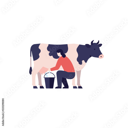Cow milking process illustrated in flat design vector art
