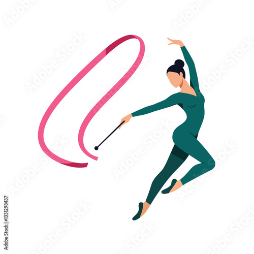 Rhythmic gymnast performing elegant moves with ribbon in minimal design vector illustration