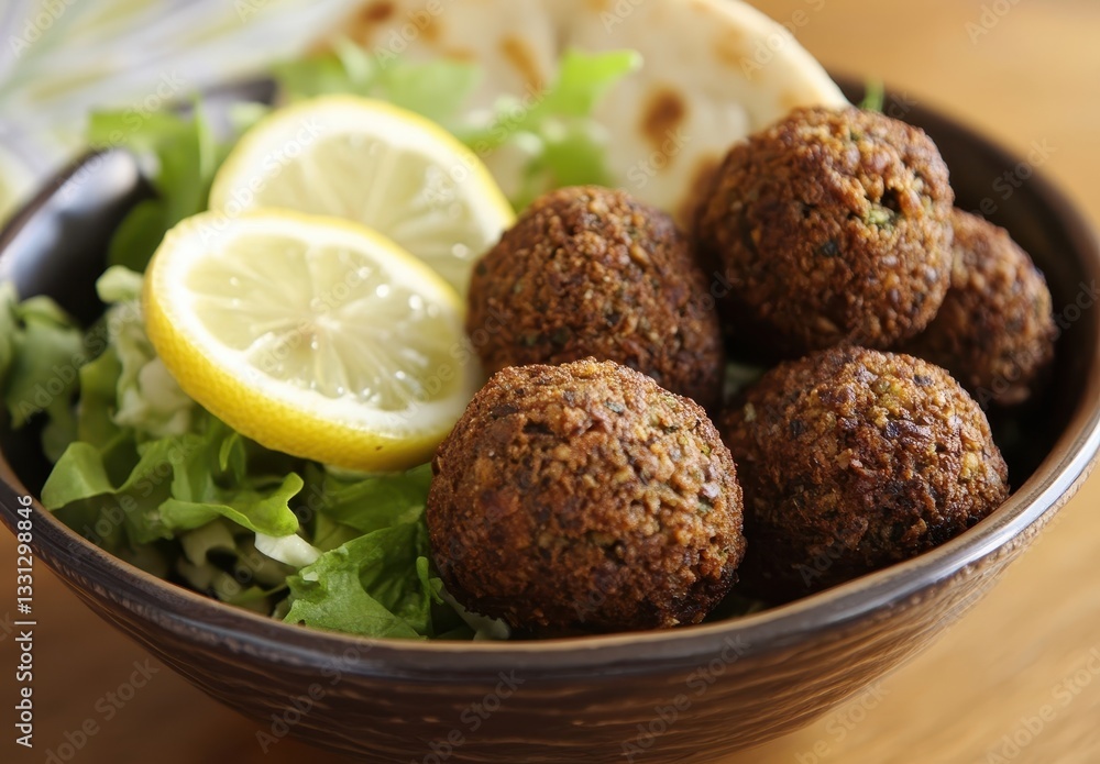 Crispy Falafel Balls Served with Fresh Salad, Slices of Lemon, and Pita Bread in a Wooden Bowl on a Rustic Table Crispy Falafel Balls Served with Fresh Salad, Slices of Lemon, and Pita Bread in a Wooden Bowl on a Rustic Table