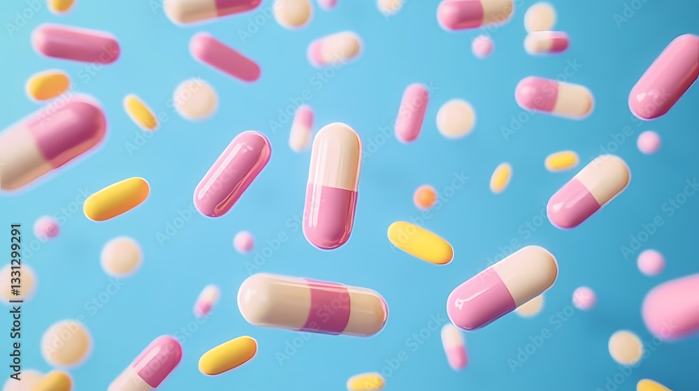Floating Pills and Capsules in Blue Background Floating Pills and Capsules in Blue Background