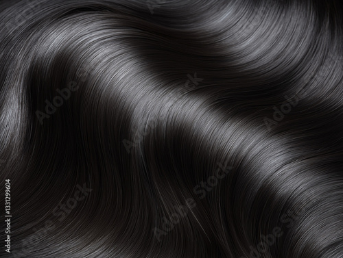 shiny black hair. The close-up view emphasizes the smoothness, natural waves, and reflective quality of the strands, giving a luxurious and polished appearance. 
