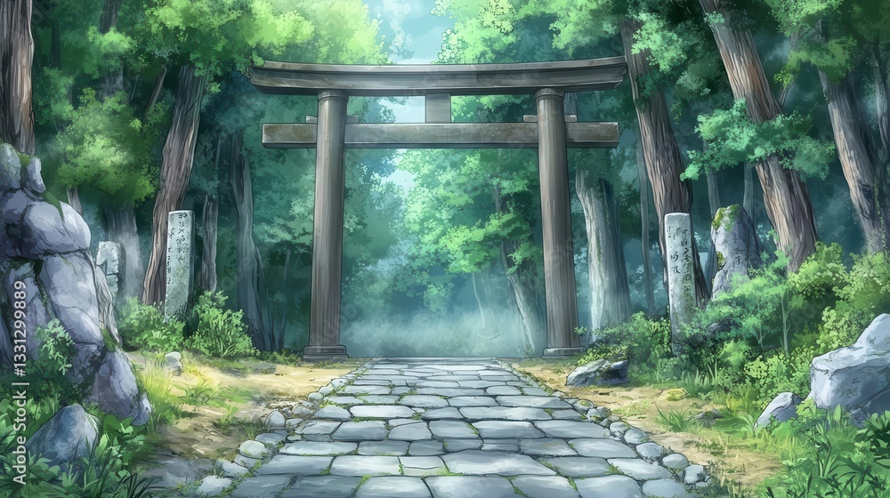 Naklejka premium Anime background showing a Torii gate in the forest with a stone path