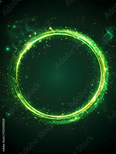 Glowing green circular light effect with sparkles on dark background
