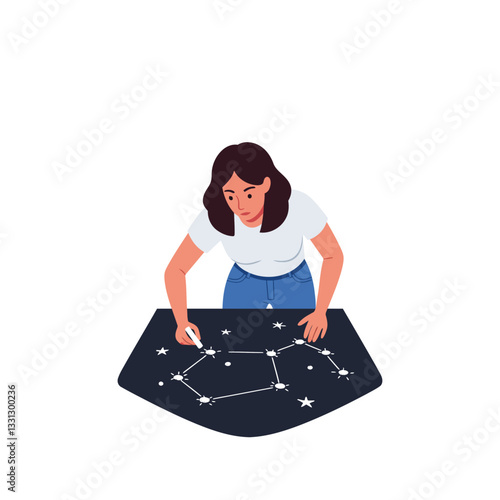 Woman tracing constellations on a starry surface in flat vector art