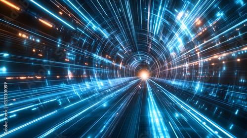 Blue light speed background, high-speed tunnel with glass grid, futuristic technology style, speed lines and luminous effects, black gradient background, blue glow, dynamic blur effect, wide perspecti