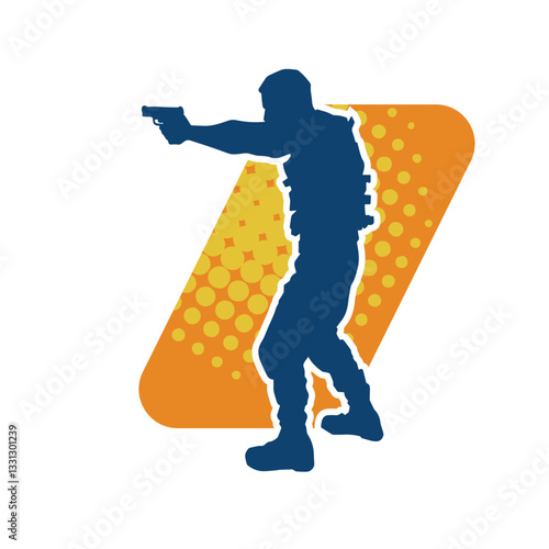 Silhouette of a police officer wearing bulletproof vest firing a hand gun weapon.