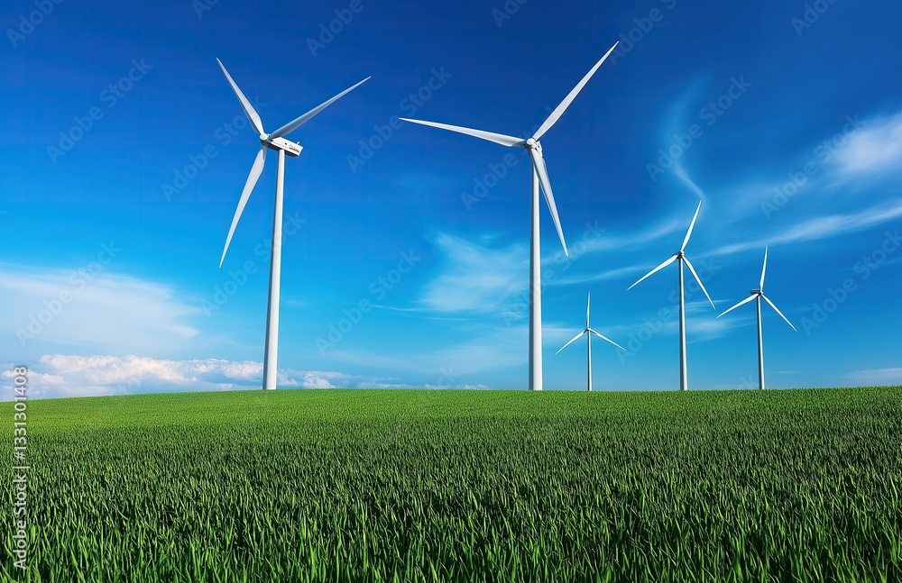 Wind Turbines on Green Grass Field with Blue Sky Background. Sustainable Energy Concept Wind Turbines on Green Grass Field with Blue Sky Background. Sustainable Energy Concept