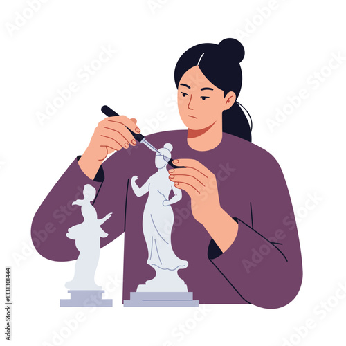Sculpture artist carefully refining details of classical figurines in minimal vector art