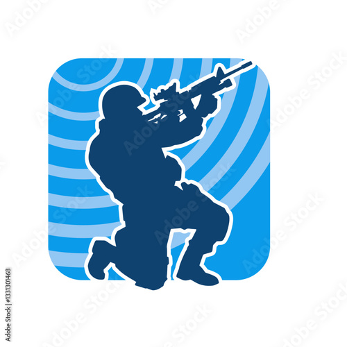 Silhouette of a male soldier carrying machine gun weapon. Silhouette of a sniper shooter in action.