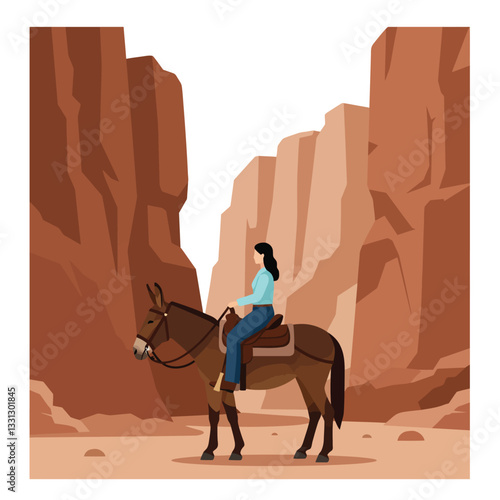 Woman riding horse through canyon in flat vector art style for outdoor adventure