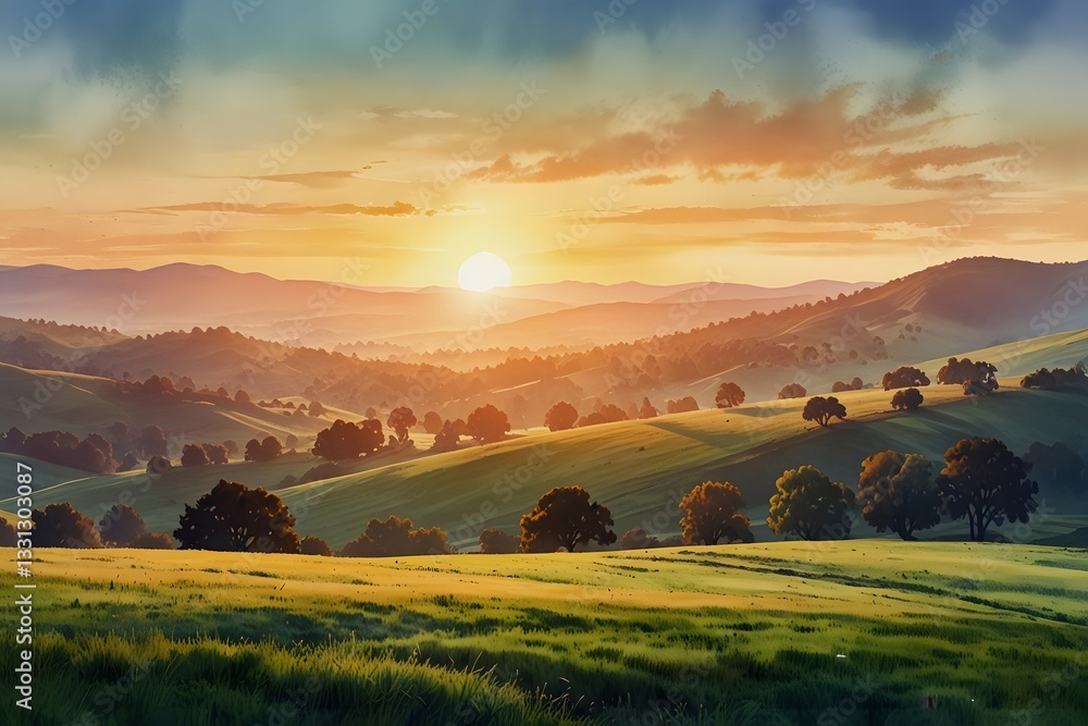 Fototapeta premium Sunrise over rolling hills in watercolor style