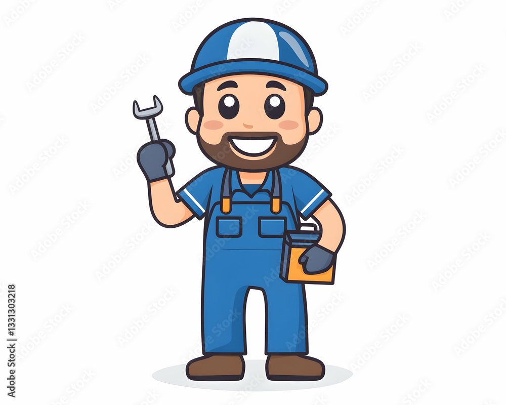 Happy cartoon mechanic holding wrench and battery Happy cartoon mechanic holding wrench and battery