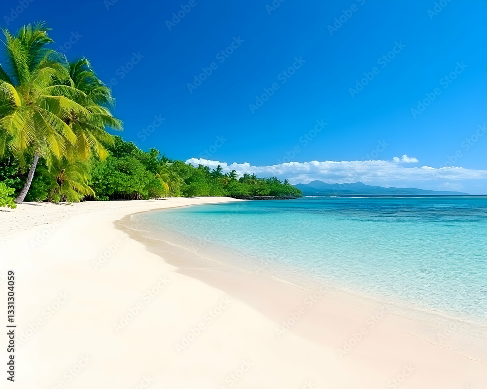 Fototapeta premium Idyllic tropical beach with white sand, turquoise water, and lush palm trees under a vibrant blue sky