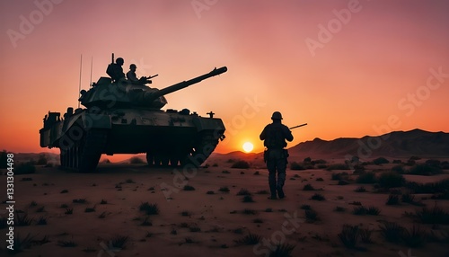 Obraz na płótnie Guerra, carro armato e soldati che avanzano, elicotteri che volano in cielo w salonie