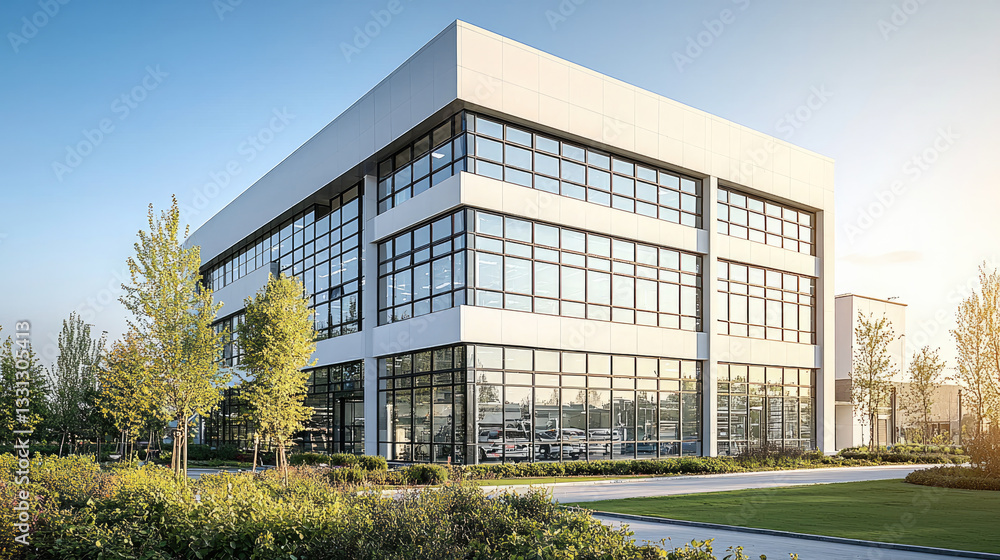Fototapeta premium Modern office building with large glass windows and greenery