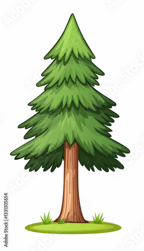 Lush green evergreen tree with brown trunk, isolated on white