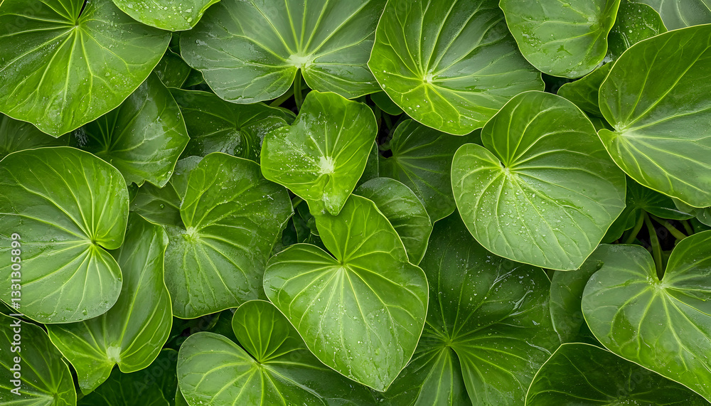 Lush green foliage with heart-shaped leaves, wet from rain Lush green foliage with heart-shaped leaves, wet from rain