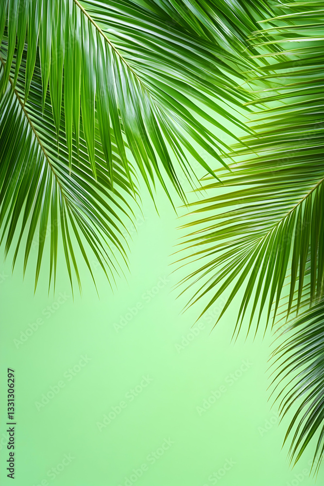 Naklejka premium Lush green palm fronds against a light green background