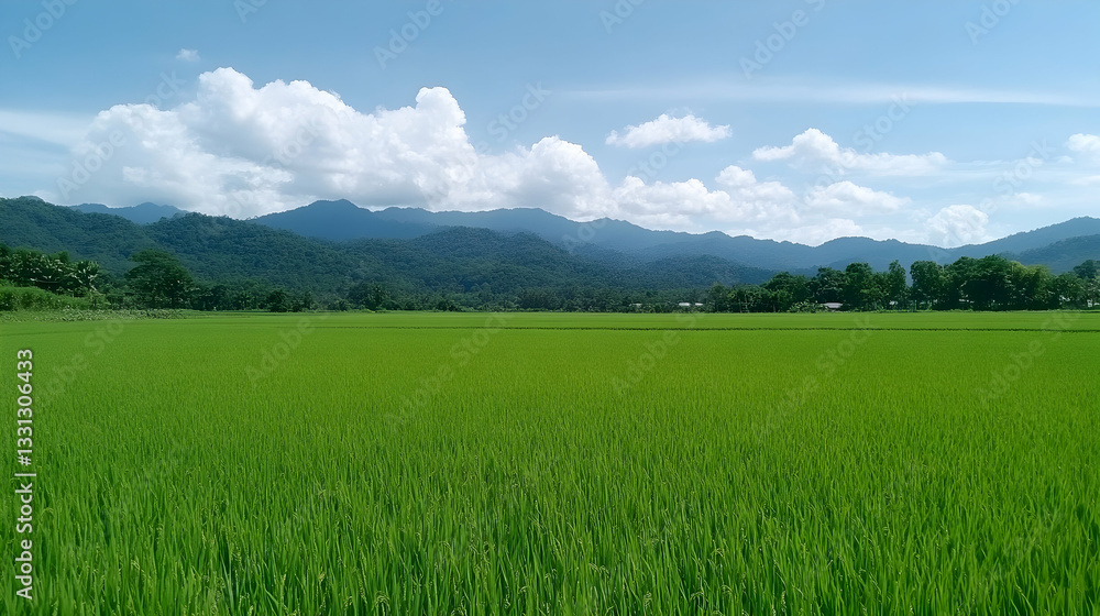 Fototapeta premium Lush green rice paddy field under a bright blue sky with distant mountains