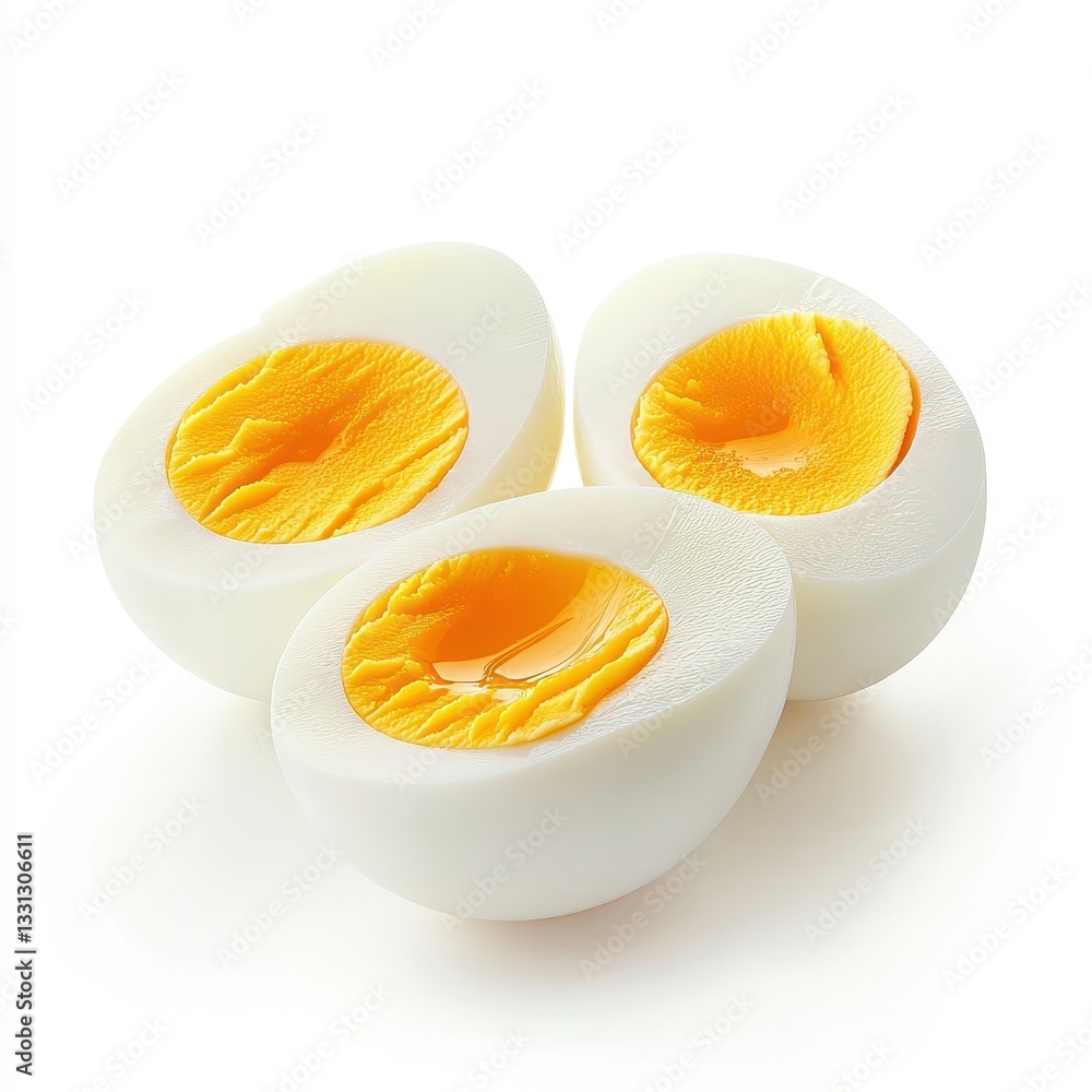 Three Halved Boiled Eggs on White Background Three Halved Boiled Eggs on White Background