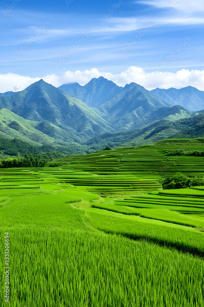 Lush green rice terraces nestled in a valley, mountains under a vibrant blue sky Lush green rice terraces nestled in a valley, mountains under a vibrant blue sky