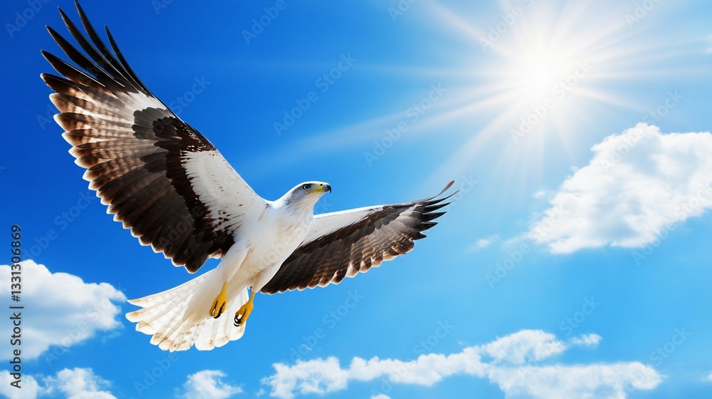 Fototapeta premium Eagle soaring, sunny sky, clouds, freedom, nature