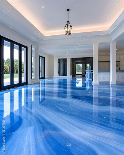 Luxurious modern interior with polished blue epoxy floor, showcasing natural light and high ceilings