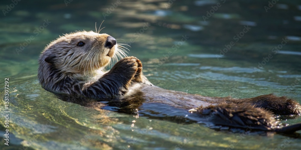 Playful otter floating on its back in clear water marine habitat wildlife photography calm environment close-up view nature concept Playful otter floating on its back in clear water marine habitat wildlife photography calm environment close-up view nature concept
