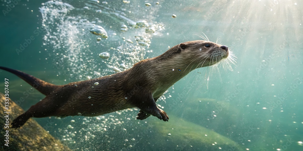 Obraz premium Playful river otter blowing bubbles underwater freshwater habitat wildlife photography aquatic environment underwater view nature concept