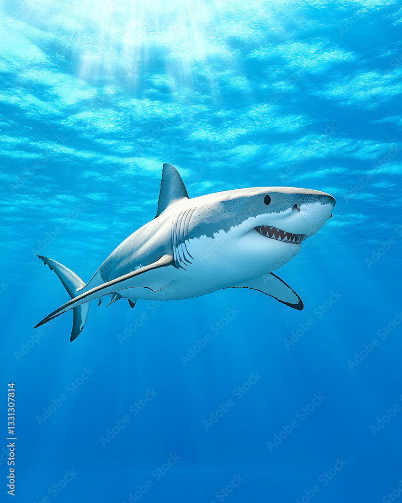 Fototapeta premium Majestic great white shark swimming in sunlit ocean depths