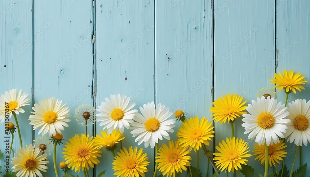 Fototapeta premium Daisies and Yellow Flowers on Blue Wooden Background