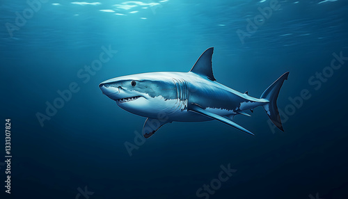 Wallpaper Mural Majestic great white shark swimming in deep blue ocean water, sunlit from above Torontodigital.ca