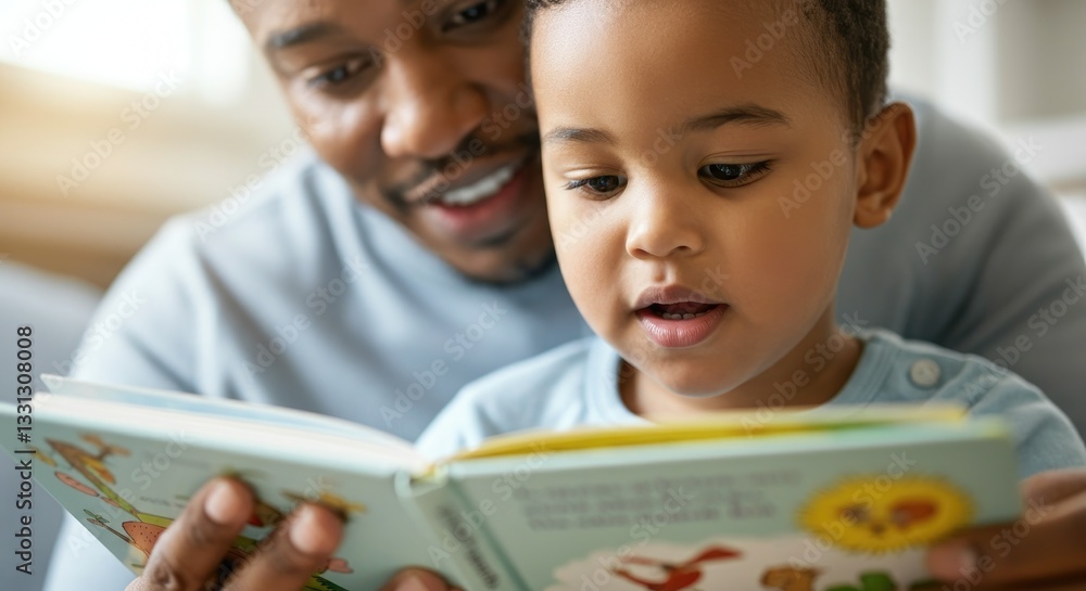 African American father and son reading book together, focusing on family bonding early education African American father and son reading book together, focusing on family bonding early education