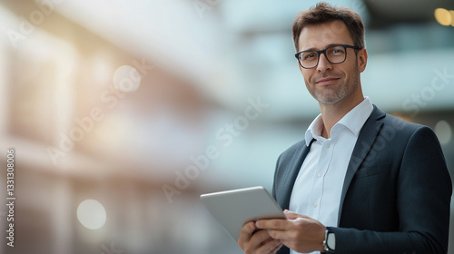 The man standing in the office with a tablet in his hand in a meeting