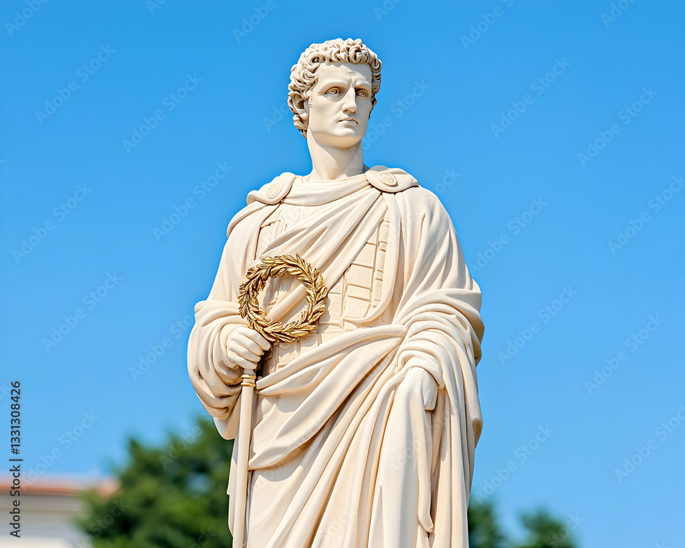 Majestic statue of a Roman emperor, holding a laurel wreath, against a vibrant blue sky Majestic statue of a Roman emperor, holding a laurel wreath, against a vibrant blue sky