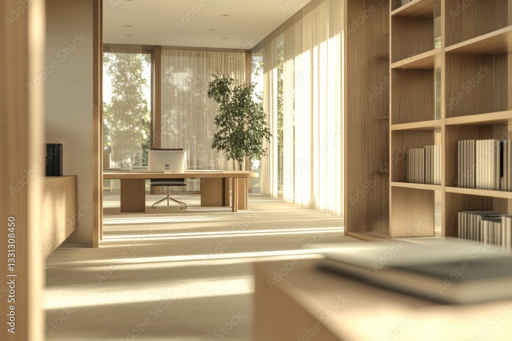 Sunlit minimalist home office with wooden desk, bookshelves, and large windows. Sunlit minimalist home office with wooden desk, bookshelves, and large windows.
