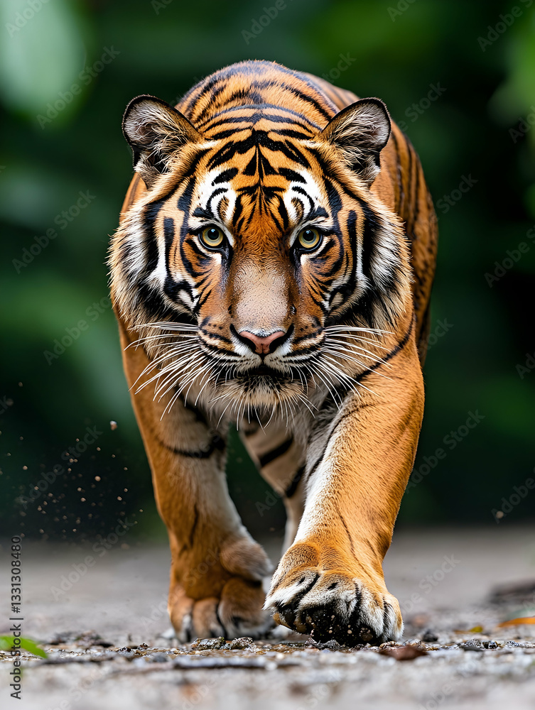 Fototapeta premium Majestic tiger walking towards camera, intense gaze, blurred background