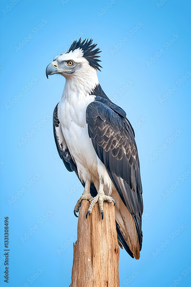 Obraz premium Majestic white and black eagle perched on weathered wood against vibrant blue sky