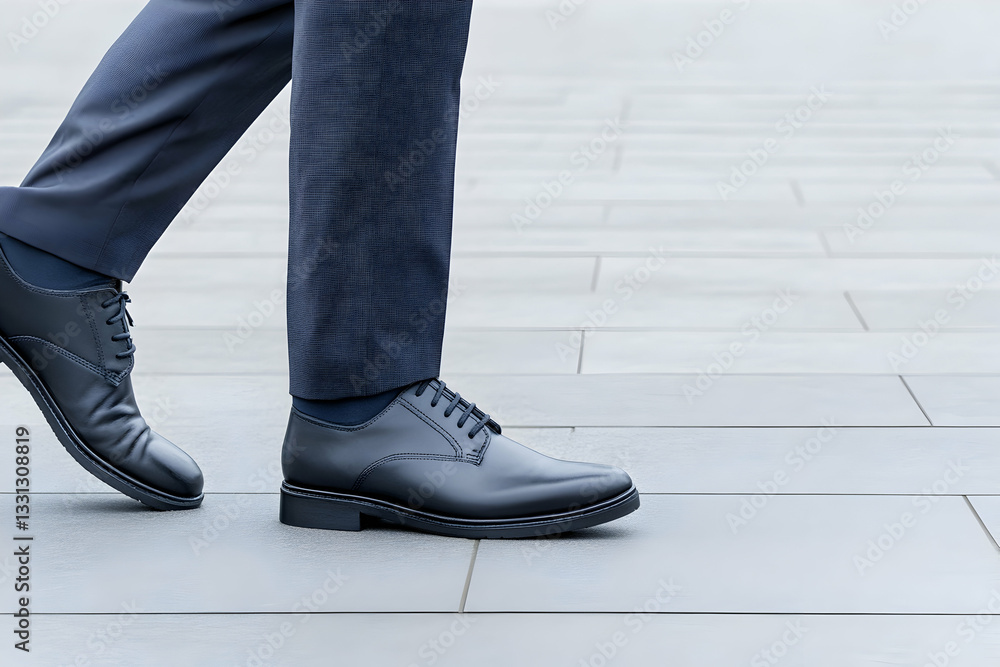 Man in suit walking, showcasing dark formal shoes on paved ground Man in suit walking, showcasing dark formal shoes on paved ground