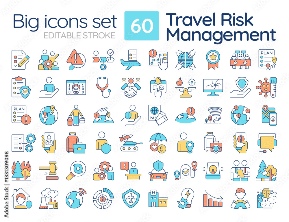 Travel risk management RGB color icons set. Protecting business travelers on journeys. Safety providing. Isolated vector illustrations. Simple filled line drawings collection. Editable stroke Travel risk management RGB color icons set. Protecting business travelers on journeys. Safety providing. Isolated vector illustrations. Simple filled line drawings collection. Editable stroke