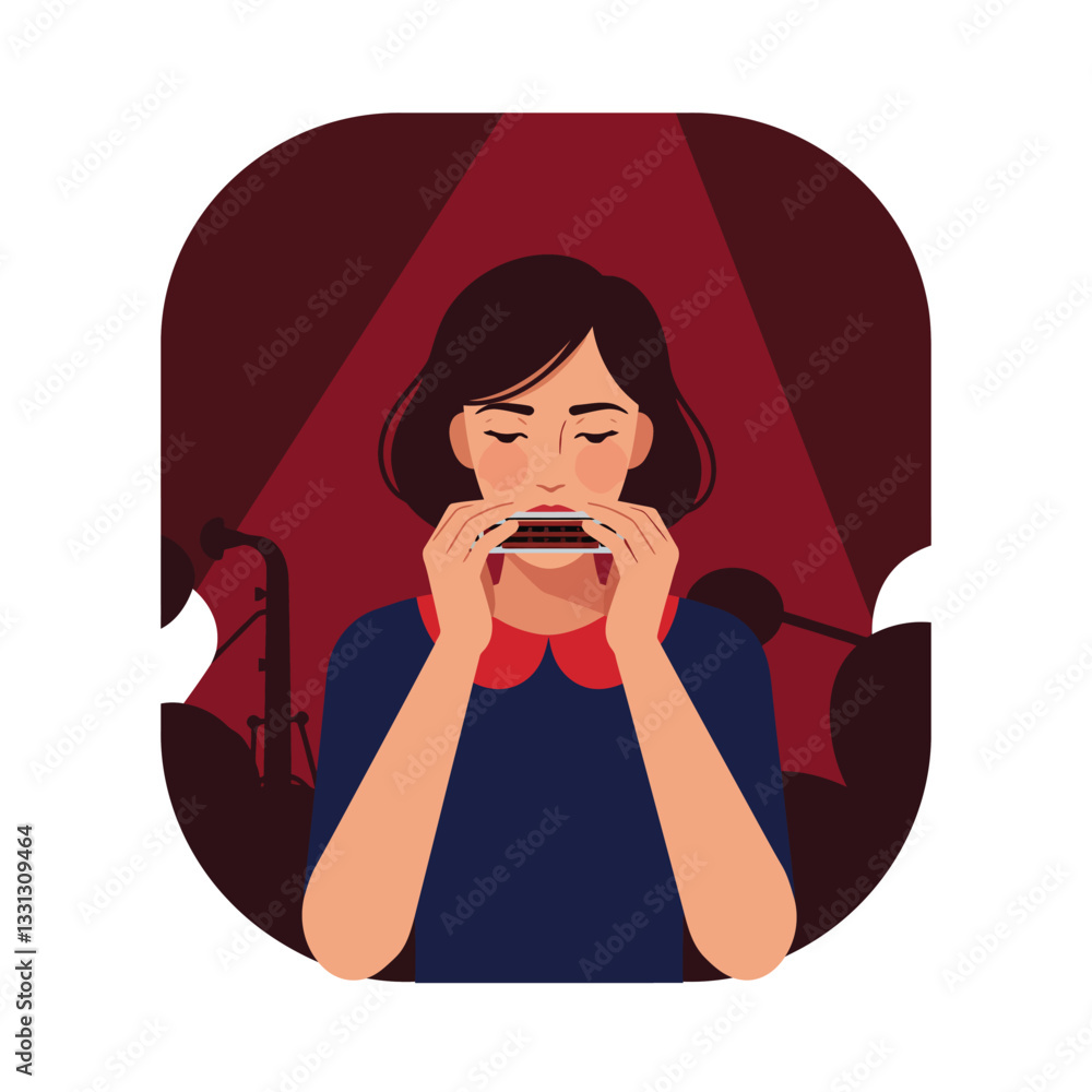Woman playing harmonica in a vibrant setting with flat vector art illustration Woman playing harmonica in a vibrant setting with flat vector art illustration