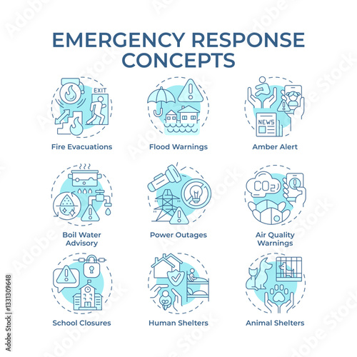 Emergency responses soft blue concept icons. Dealing with potential threats and crisis. Public safety development. Icon pack. Vector images. Round shape illustrations for brochure. Abstract idea