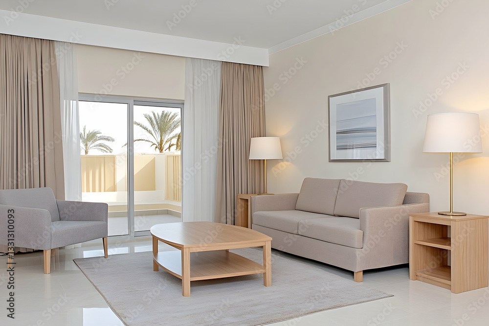 Fototapeta premium Modern living room with beige sofa, armchair, coffee table, and patio access