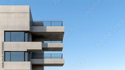 Modern concrete building detail with balconies against a clear blue sky