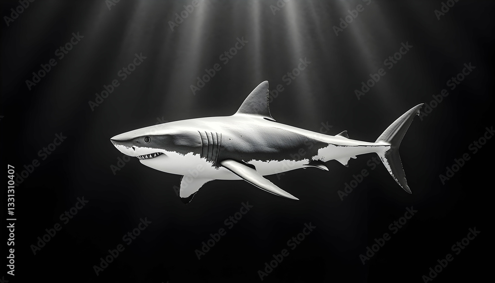 Fototapeta premium Monochromatic great white shark swimming in dark water, sunbeams illuminating it