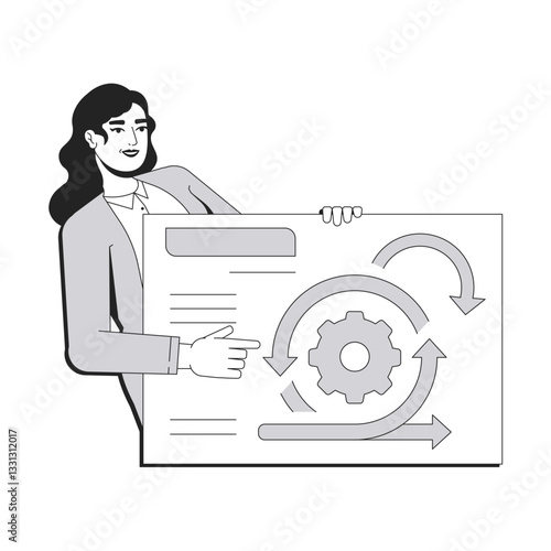 Process analysis line conceptual illustration. Business management, control. Businesswoman presenting agile workflow diagram 2D outline character isolated. Linear drawing grayscale vector