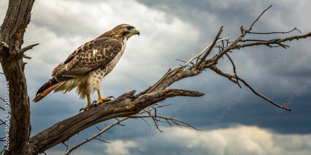 A red-tailed hawk perched on a dead tree against dramatic cloudy skies wildlife photography nature scene outdoor setting close-up view majestic bird of prey A red-tailed hawk perched on a dead tree against dramatic cloudy skies wildlife photography nature scene outdoor setting close-up view majestic bird of prey