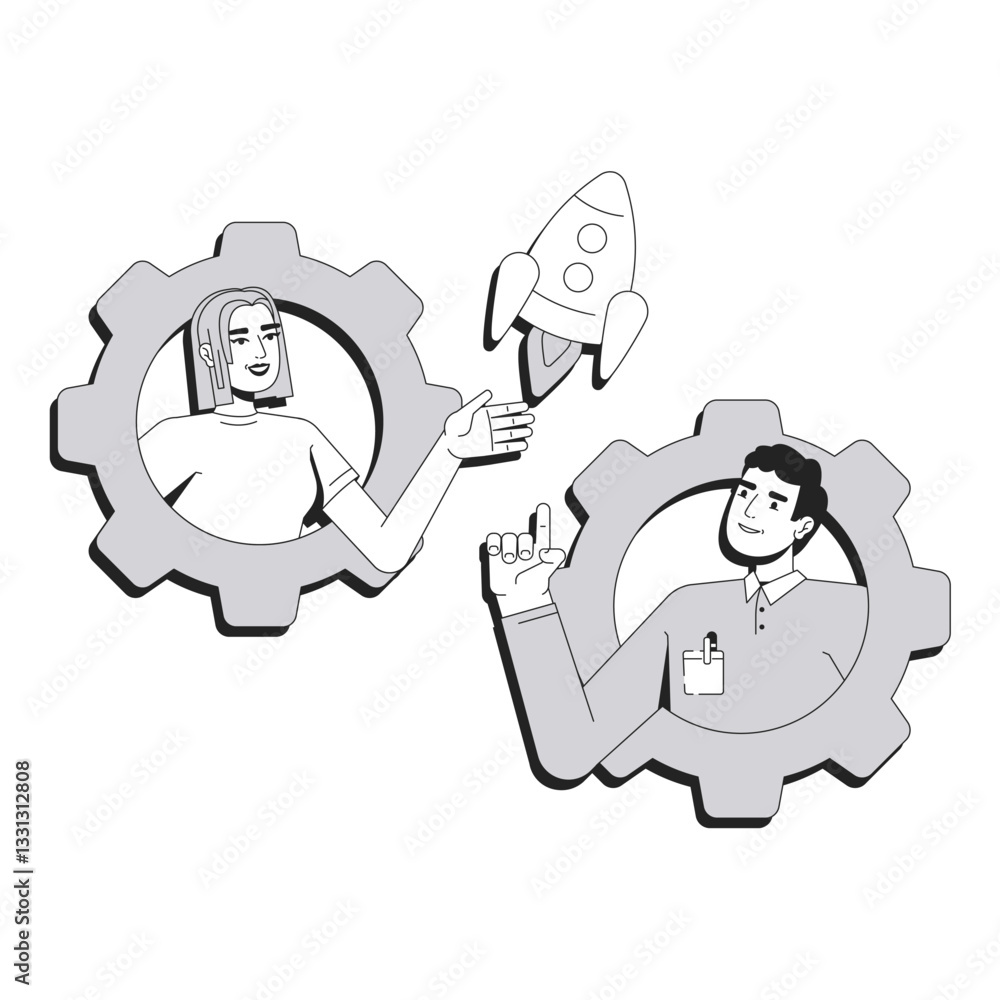 Launching startup line conceptual illustration. Teamwork organization. Cooperation, partnership. Colleagues in gears launch rocket 2D outline characters isolated. Linear drawing grayscale vector Launching startup line conceptual illustration. Teamwork organization. Cooperation, partnership. Colleagues in gears launch rocket 2D outline characters isolated. Linear drawing grayscale vector