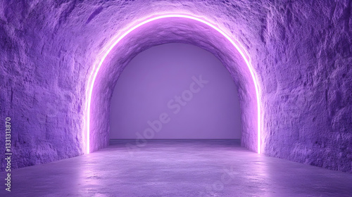 Purple neon archway in stone tunnel