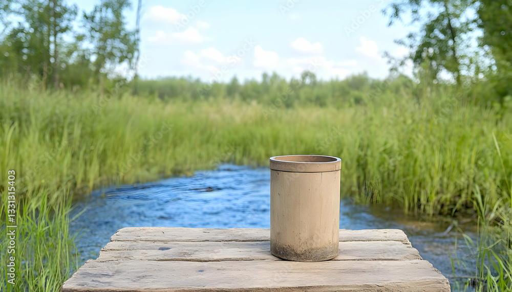 Rustic bamboo cup on wooden dock by stream Rustic bamboo cup on wooden dock by stream